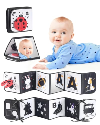 Image of High Contrast Black and White Baby Toys for Newborn 0-6 Months – Contrast Cards & Sensory Baby Book with Mirror – Tummy Time Infant Toys for Visual Stimulation, Early Learning & Brain Development
