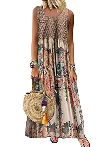Minetom Kleid Damen Boho Blumendruck Sommerkleid Ärmellos Lang Elegant...