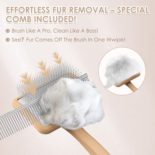 Image of Large Dog 3 in 1 Grooming Kit, Extra Long Pin Dog Slicker Brush | Ideal for Goldendoodles, Poodles; wooden handle; undercoat rake; removing thick mats; tangle deshedding.