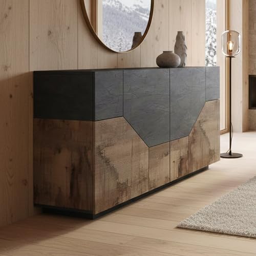 Dmora - Kommode Carlo, Küchen-Sideboard mit 4 geometrischen Türen, Wohnzimmer-Buffet, Küchen-Sideboard, 100 % Made in Italy, 159 x 43 x 86 cm, Schiefer und Ahorn