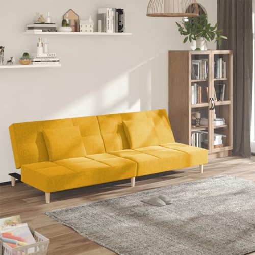 JHQHSM Sofá cama plegable de 2 plazas de tela amarilla con 2 cojines | 2 en 1 muebles funcionales para invitados | Tejido suave transpirable | Marco de madera estable | Versátil para salón oficina