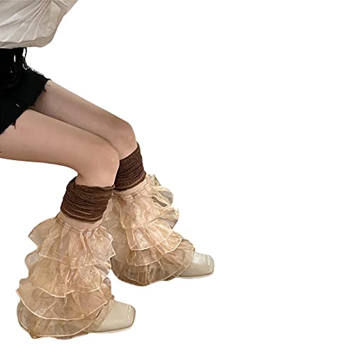 Image of Women Leg Warmers Ruffled Lace Patchwork Long Thigh High Socks Boot Cuffs Cover for Streetwear