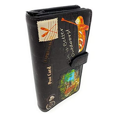Shag Wear Large Women's Outdoor Themed Wallet Vegan Leather Billfold 7", Outdoors Black, L, Modern Cover