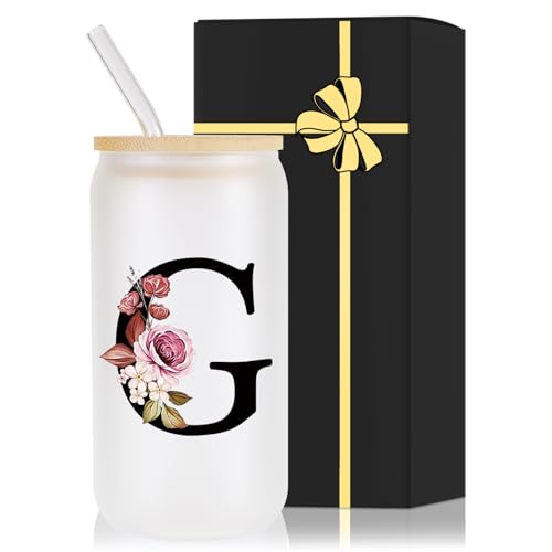 Monogrammed Glass Drinking Cup With Lid Straw Happy Birthday for