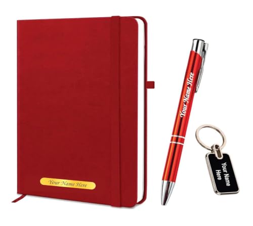 Image of Personalized Diary, Metal Pen & Keychain Set | Size A5-192 Page Writing Journal | Engraved Gift Set for Office, Corporate Events, Diwali, Christmas & Special Occasions | Bestsellers | Perfect For Corporate Gifting (Red)