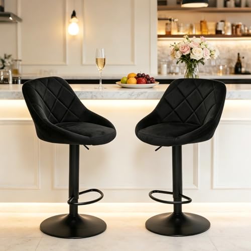 YLGJ&TIDY Barhocker 2er Set Barhocker Höhenverstell mit 360 Drehfunktion Samt Gepolsterte Barstühle mit Rückenlehne & Metallrahmen Barstuhl für Küche Bar und Theke (Schwarz 2er Set)