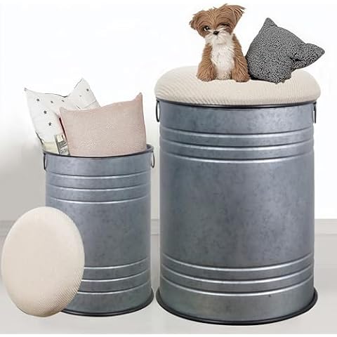 CASOLLY Rustic End Table Set of 2, Farmhouse Galvanized Antique Metal Barrel Ottoman Storage Stool with Round Beige Upholstered Lid for Vanity Stool,Living Room&Bedroom Furniture, Grey Cover