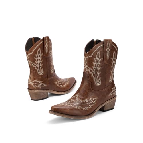 Image of Rhinestone Ankle Cowboy Boots for Women Embroidered Short Cowgirl Boots with Low Heel Side Zipper Comfortable Chunky Heel Western Booties for Prom Party Wedding Pull On Shoes