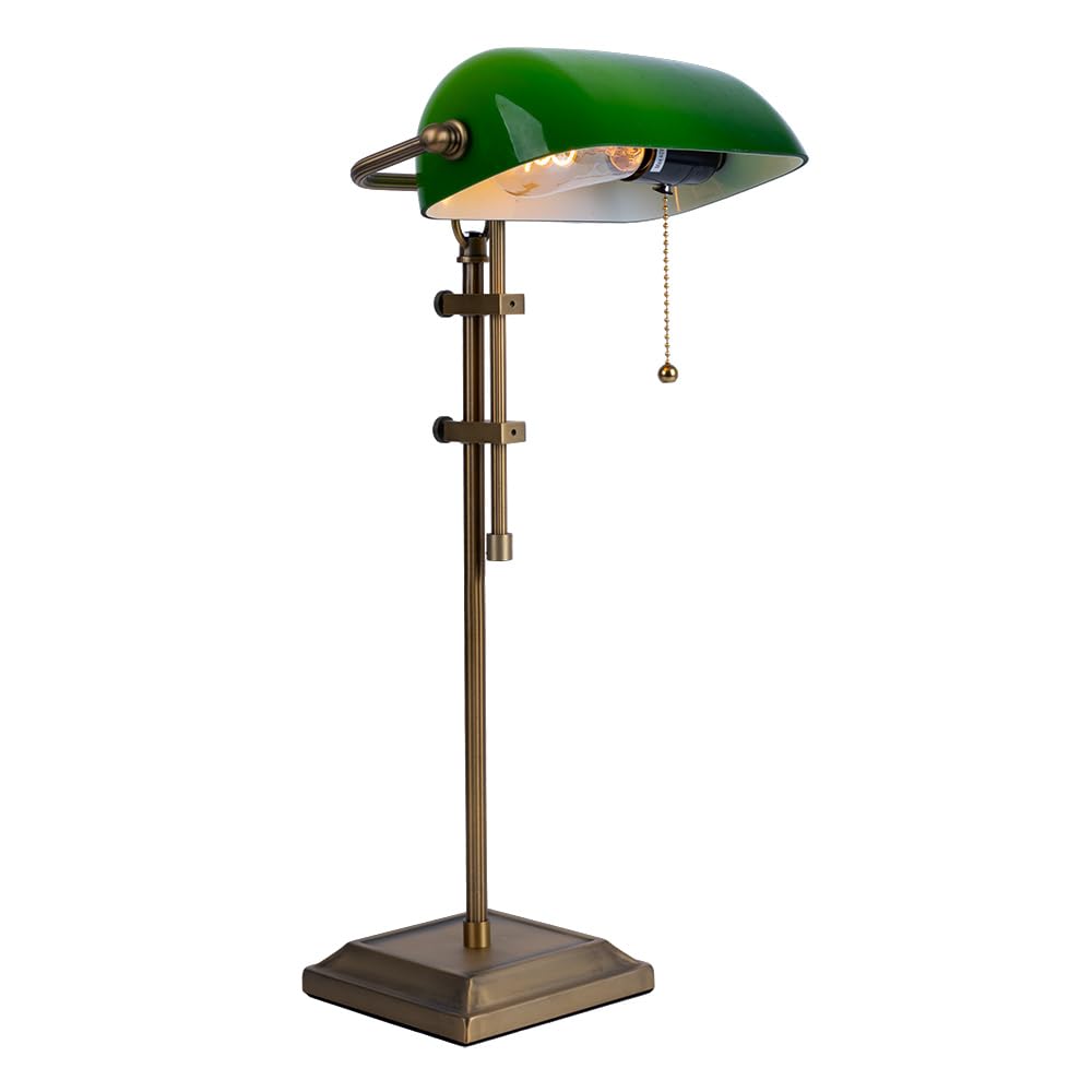 LED Schreibtischleuchte Bankerlampe Tischlampe altmessing Glas grün Leseleuchte höhenverstellbar, Zugschalter, 1x E27 LED warmweiß, LxH 26,5x56 cm