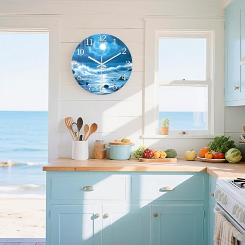 Image of XFM Moon Ocean Wall Clocks Battery Operated 16 Inch Blue Silent | Non Ticking Round Analog Beach Themed Modern Glass Nature Decorative for Living Room Kitchen Bedroom Decor