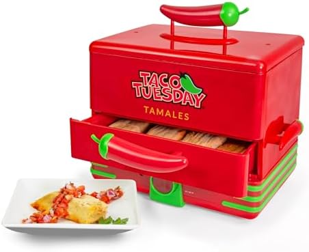 Nostalgia Taco Tuesday Tamales Steamer - Veggie, Pot Sticker, Hot Dog, Egg, & Hot Tamale 2 Tier Food Steamer - Red and Green