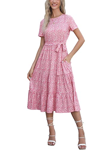 Image of Lyrur Women's Dresses Casual Summer Tiered Midi Dress Short Sleeve Belted Ruffle Babydoll Boho Sundress with Pockets