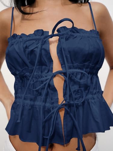 Image of Tankaneo Womens Summer Tie Front Crop Tops Cute Ruffle Ruched Spaghetti Strap Tank Tops Y2K Going Out Shirts