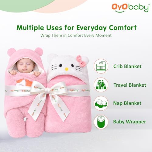 Image of OYO BABY Newborn Blanket Combo Pack | Hooded Sleeping Bag Wrapper & Baby Bath Towel | Soft & Durable Polycotton Fabric | Comfortable in All Seasons | Easy Care | 0-12 Months | Pink Kitty & Unicorn