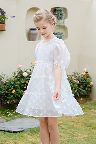 Smiling Pinker Girls Princess Party Dress Tiered Flower Puff Sleeve Ruffle Babydoll A-Line Organza Dress Bow(White,4-5 Years) #TOP6