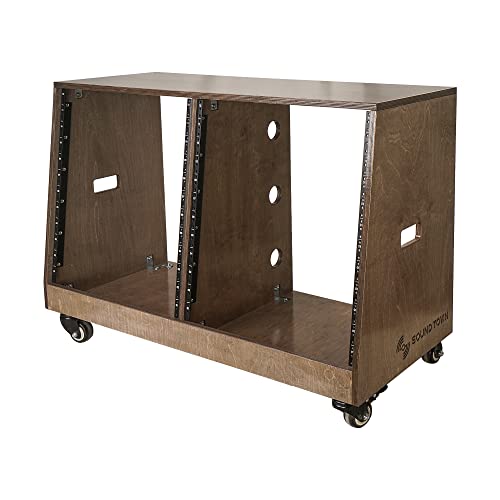 Image of Sound Town DIY 2 x 12U Slanted Studio Rack with Solid Baltic Birch Plywood, Casters, weathered brown for Recording Room, Home Studio (SDRK-D12TB)
