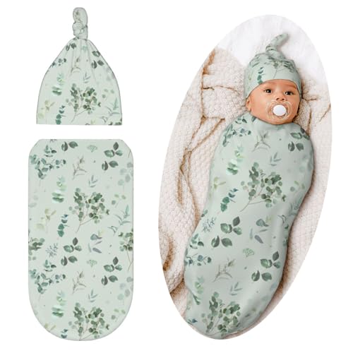 Image of Qwalnely Sage Green Swaddle Blanket with Hat for Baby, Swaddling Sleeping Sacks Unisex Baby Stuff, Sage Green Baby Items