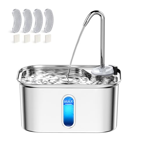 Trinkbrunnen für Katze Edelstahl 304 BPA-freier, 6-lagiger Effektiver Filter Katzenbrunnen, 2.6L/88oz Wasserbrunnen für Katzen Hunde, 20dB Extrem...