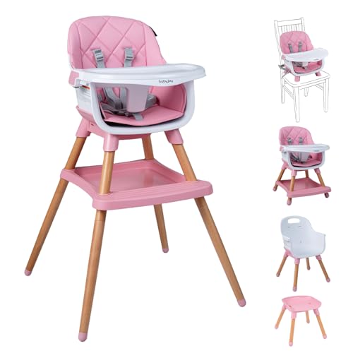 BABY JOY 8-in-1 High Chair Convertible Wooden Highchairs for Babies and Toddlers | Dining Booster Seat | Toddler Stool Double Removable Tray 5-Point Safety Harness & Waterproof PU Cushion (Pink)