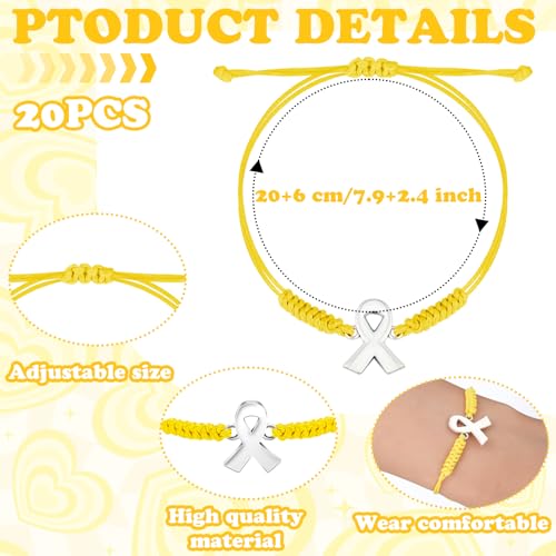 Sasylvia 20/50/100 Pcs Sarcoma Cancer Awareness Bracelets Adjustable Cord Yellow Ribbon Braided Bracelets Inspirational Ovarian Bone Cancer Gifts for Women Jewelry Accessories2