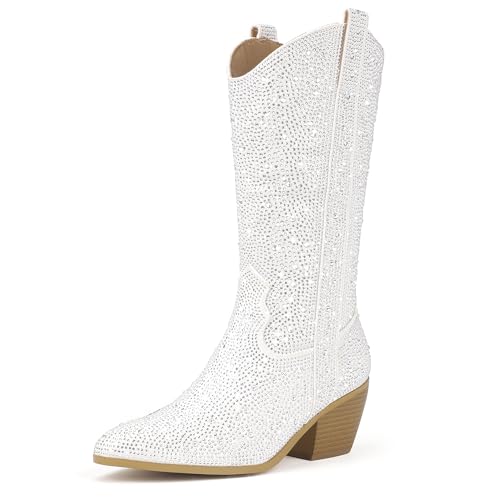 IDIFU White Rhinestone Cowboy Boots for Women Mid Calf Sparkly Western Cowgirl Pointed Toe Low Block Chunky Heel Glitter Country Cute Zipper Dress Booties Wedding Birde Boots (White Rhinestone 8)