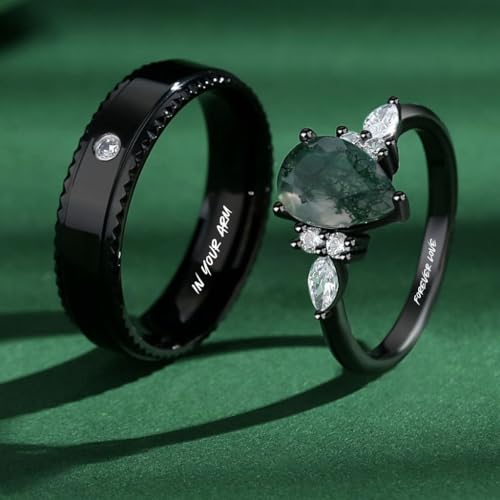 Customizable Engravable Black and Moss Stone Couples' Rings - Pear-Cut Women's Ring - Personalized His and Her Matching Unique Jewelry - Ideal for Couples2