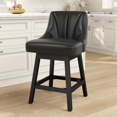 Silla de Bar REONEY Giratoria, Taburete de 26" con Asiento Tapizado de Cuero PU Impermeable, Diseño Moderno con Respaldo y Patas de Madera Maciza, para Cocina o Bar en Casa, Negro miniatura 1