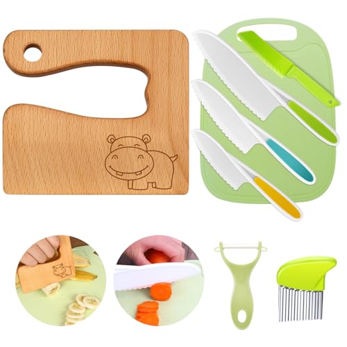 Kindermesser 8-teiliges Kinder-Küchenmesser-Set zum Schneiden und Kochen von Obst oder Gemüse für Kleinkinder, inklusive Holzmesser Schneidebrett...