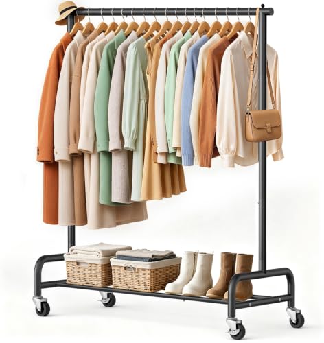 SLEEPING LAMB Heavy Duty Clothing Racks for Hanging Clothes Rack, 43' Wide Rolling Garment Rack Metal Clothing Hanger Rack with Wheels Wardrobe Rack for Coats, Shirts, Dress, (Black)
