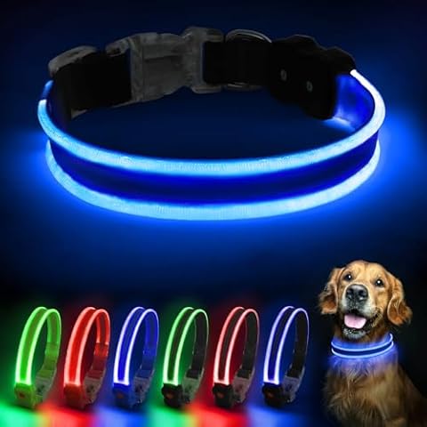 PcEoTllar Light up Dog Collars Rechargeable, LED Dog Collar Night Walking, Waterproof Flashing Glow in The Dark Dog Collars, Adjustable Dog Lights for Large Small Medium Dogs Blue-m Cover
