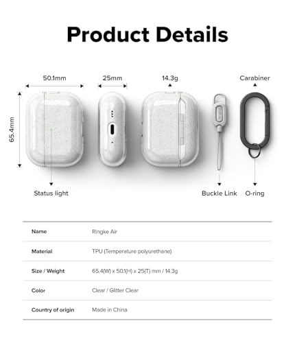 Image of Ringke Air ase for Airpods Pro 3 with Carabiner [Soft & Flexible TPU] Slim Transparent Shockproof Protective Cover, Supports Wireless Charging - Glitter Clear