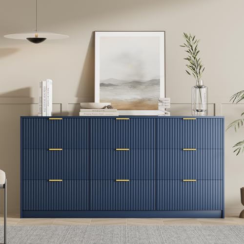 Image of Furniway Blue Dresser for Bedroom, Modern Dresser with 9 Drawers and Smooth Slides, Wide Chest of Drawers with Golden Handles for Bedroom, Living Room, Closet, 15.7 inch D x 63 inch W x 31.5 inch H