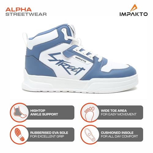 Image of Impakto Alpha Street Sneaker for Men | Lightweight & Soft Cushioned Insole | Padded Collar | High Top Streetwear Causal Shoes | Anti-Skid Sole | Lace-Up Shoes for Casual Outings,Walking & Gym