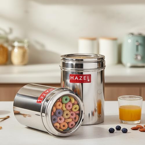 Image of HAZEL Stainless Steel Kitchen Container with Transparent Lid | Top See Through Kitchen Container Set with Matt Finish | Multipurpose Container for Kitchen Storage, 900 ML, Set of 2