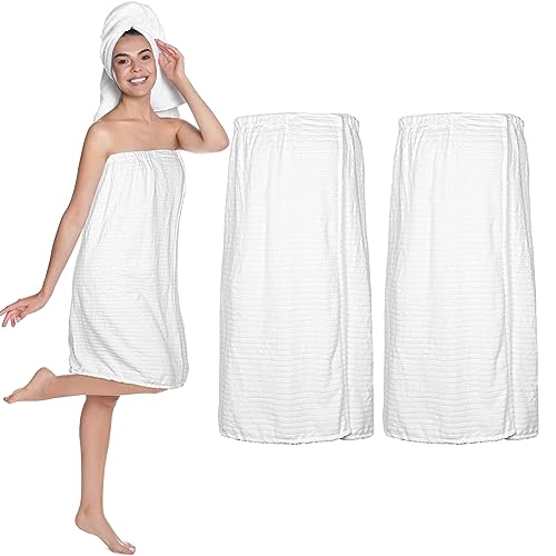 Tigeen 2 Pcs Women's Towel Wrap Lightweight Spa Robe Stripes with Adjustable Closure, Elastic Top Soft Bathrobe Spa Wrap