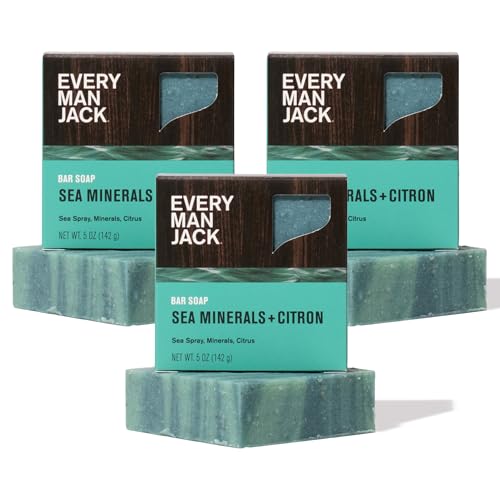 Every Man Jack Cold Processed Mens Bar Soap - Sea Minerals + Citron Scent - Deeply Cleans & Hydrates with Shea Butter and Coconut Oil - (3 Pack)