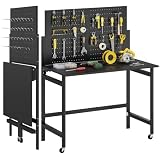 HOMCOM Banco da Lavoro Pieghevole 9cm con Pannello Forato e 30 Ganci Nero
