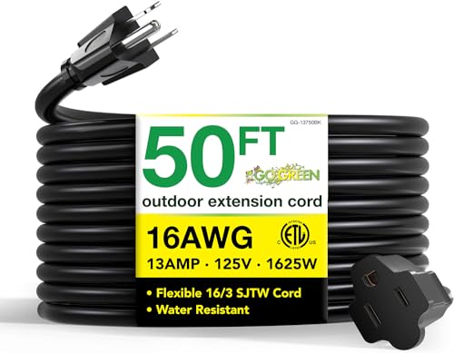Power By GoGreen Go Green Power Inc. 16/3 50ft Black Outdoor Extension Cord - Durable, Heavy Duty, Moisture Resistant - Ideal for Tools & Equipment - GG-13750BK