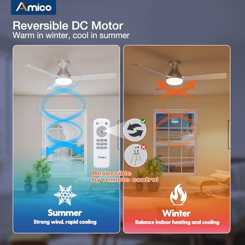 Image of Amico Ceiling Fans with Lights, 52 inch Low Profile Ceiling Fan with Light and Remote Control, Flush Mount, Reversible, 3CCT, Dimmable, Noiseless, Silver Ceiling Fan for Bedroom, Indoor /Outdoor Use
