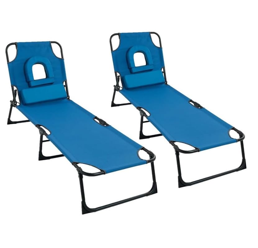 Kingtoss 2 x Sun Lounger for Garden, Foldable Reclining Sunbed Chair with Padded Face Hole, 4 Adjustable Positions, Folding Metal Frame, Extra Cushion, No Assembly Required - Blue