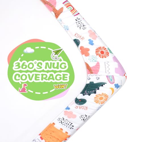 Image of JISEN Baby Crib Sheet 1 Piece Portable Fitted Crib Sheet for Standard Crib and Toddler Mattresses Nursery Bed Decor for Boys Girls 28x52 Inch Multicolor Dinosaurs