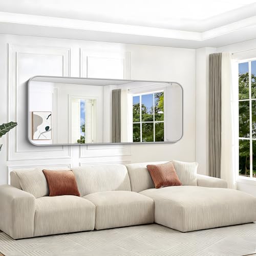Image of Silver Bathroom Mirror, 72 x 30 Inch Large Rectangle Mirror, Rectangular Vanity Mirror Aluminum Metal Frame, Rounded Corner Wall Mirror for Living Room Bedroom Entryway Horizontal /Vertical