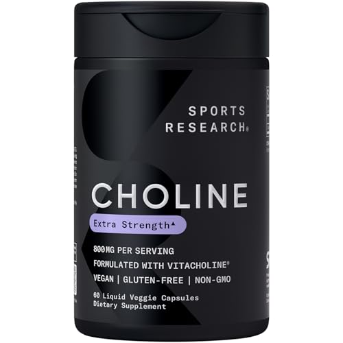 Sports Research® Extra Strength Choline 800 mg - Essential Nutrient Featuring VitaCholine® for Focus Support - Vegan Certified · Non-GMO · Gluten Free - 60 Liquid Capsules