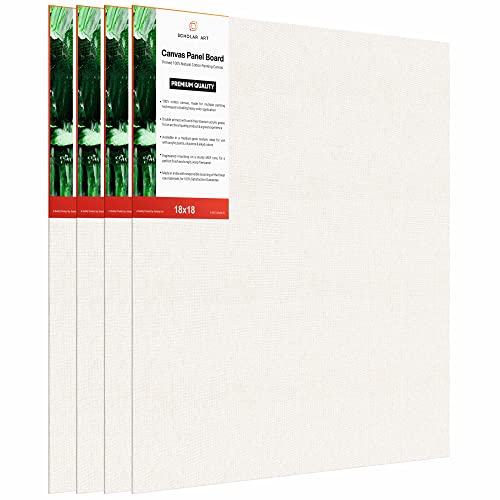Image of Scholar Art Hobby Series 04 Oz (230 GSM) 100% Cotton Canvas Panel Board for Painting (White Blank Canvas Boards for Acrylic Paint, Oil Paint, Wet & Dry Media) | 18 inchx18 inch (45x45 cm), Pack of 4