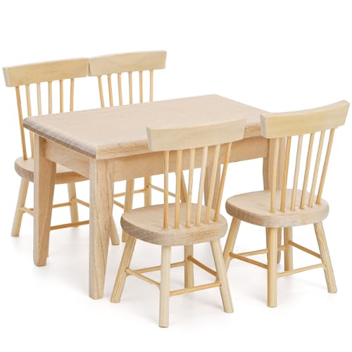 Nicunom Dollhouse Dining Room Furniture Set, 1/12 Scale Miniature Table and 4 Chairs, Wooden Doll House Accessories