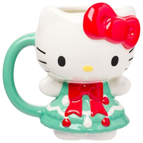 Silver Buffalo Sanrio Hello Kitty Holiday Christmas Tree Dress 3D Sculpted Ceramic Mug, 20 Ounces