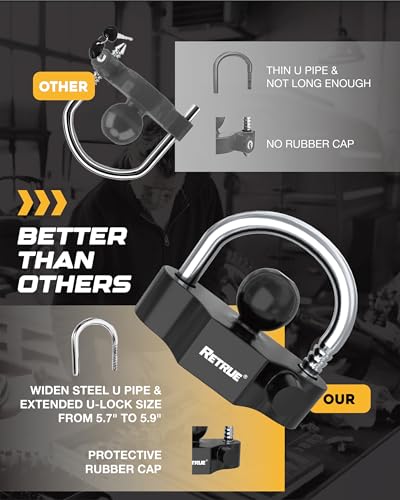 Image of RETRUE Universal Coupler Lock Trailer Locks Ball Hitch Trailer Hitch Lock Adjustable Security Heavy-Duty Steel Fits 1-7 /8 Inch, 2 Inch, 2-5 /16 Inch Couplers Black & Silver