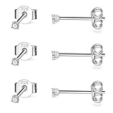 Sterling Silver Stud Earrings for Women- 3 Pairs of 2mm Round CZ Cubic Zircon Earrings Set Tiny Small Cartilage Tragus Earrings, Silver