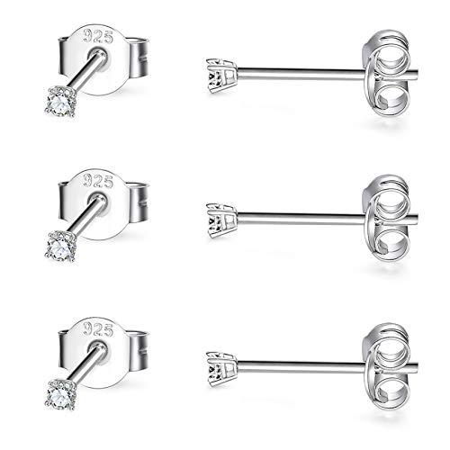 Sterling Silver Stud Earrings for Women- 3 Pairs of 2mm Round CZ Cubic Zircon Earrings Set Tiny Small Cartilage Tragus Earrings, Silver
