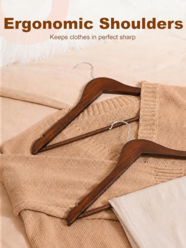 Image of GINOYA BROTHERS Walnut Wooden Suit Hangers 24 Pack with Non Slip Pants Bar - Smooth Finish Solid Wood Coat Hanger for Camisole, Jacket, Pant, Dress Clothes Hangers (Walnut: 8)